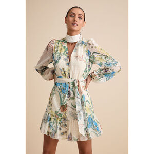 Lulus Ayame Ivory Floral Swiss Dot Balloon Sleeve Mini Dress White - Size L NWT